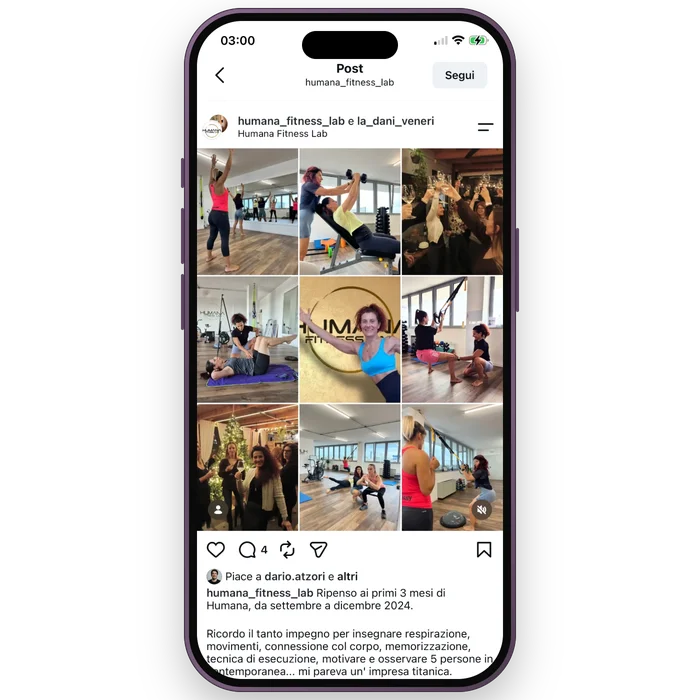 Un post Instagram di Humana Fitness Lab sui primi tre mesi dello studio