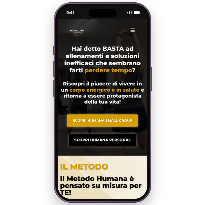 La home del sito di Humana Fitness Lab su smartphone